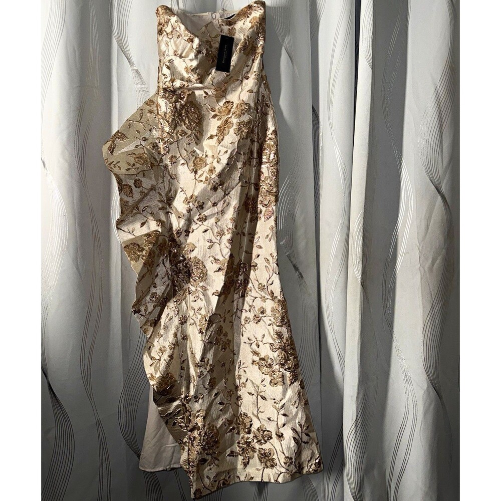 Donna Karan New York Gold/Ivory Floral Jacquard Strapless Long Gown 4
